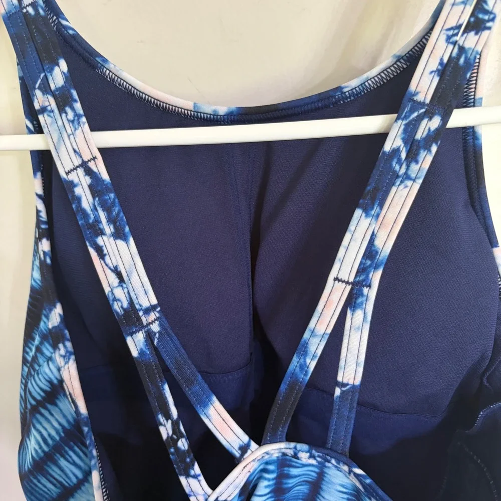 Athleta Girl Festival Tie Dye One‎ Piece Swimsuit Blue Navy XXL 16 Cutout Back